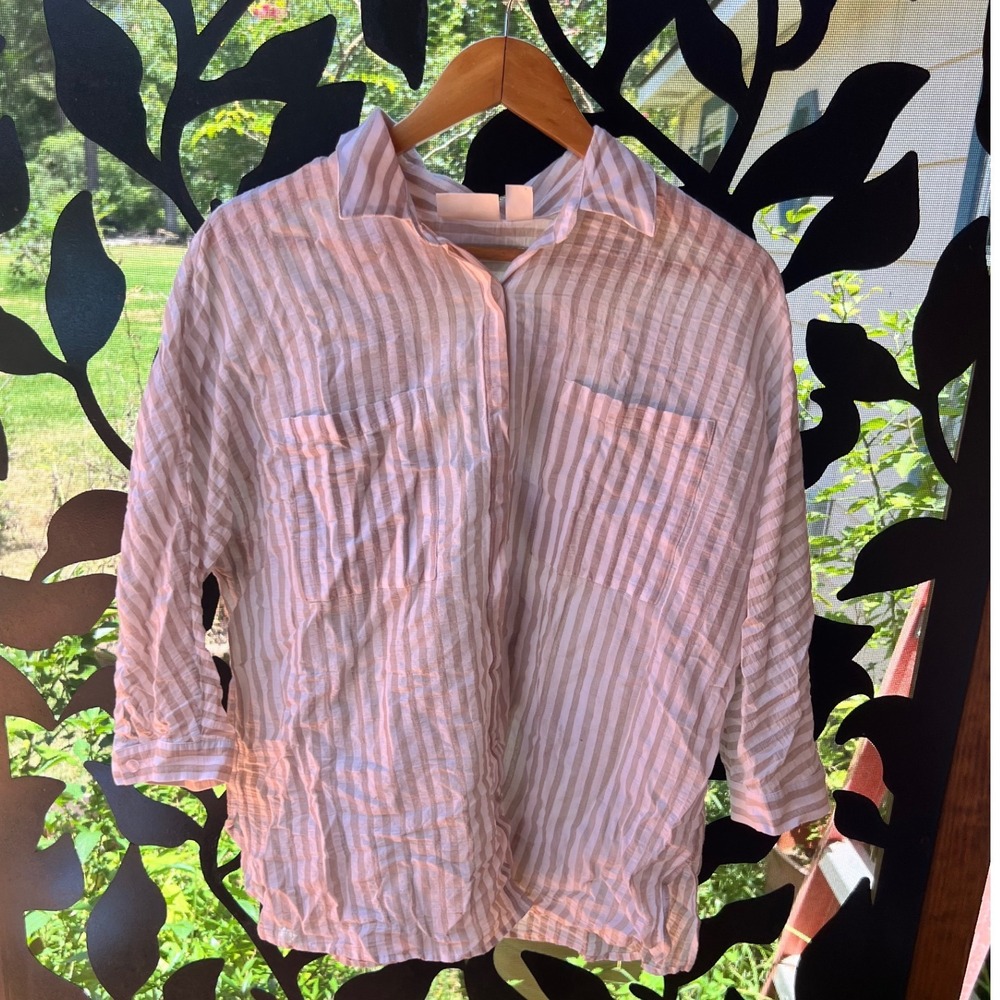 Chico's Tan White Striped Gauze Button Down Shirt 3/4 Sleeve Size 2 Large